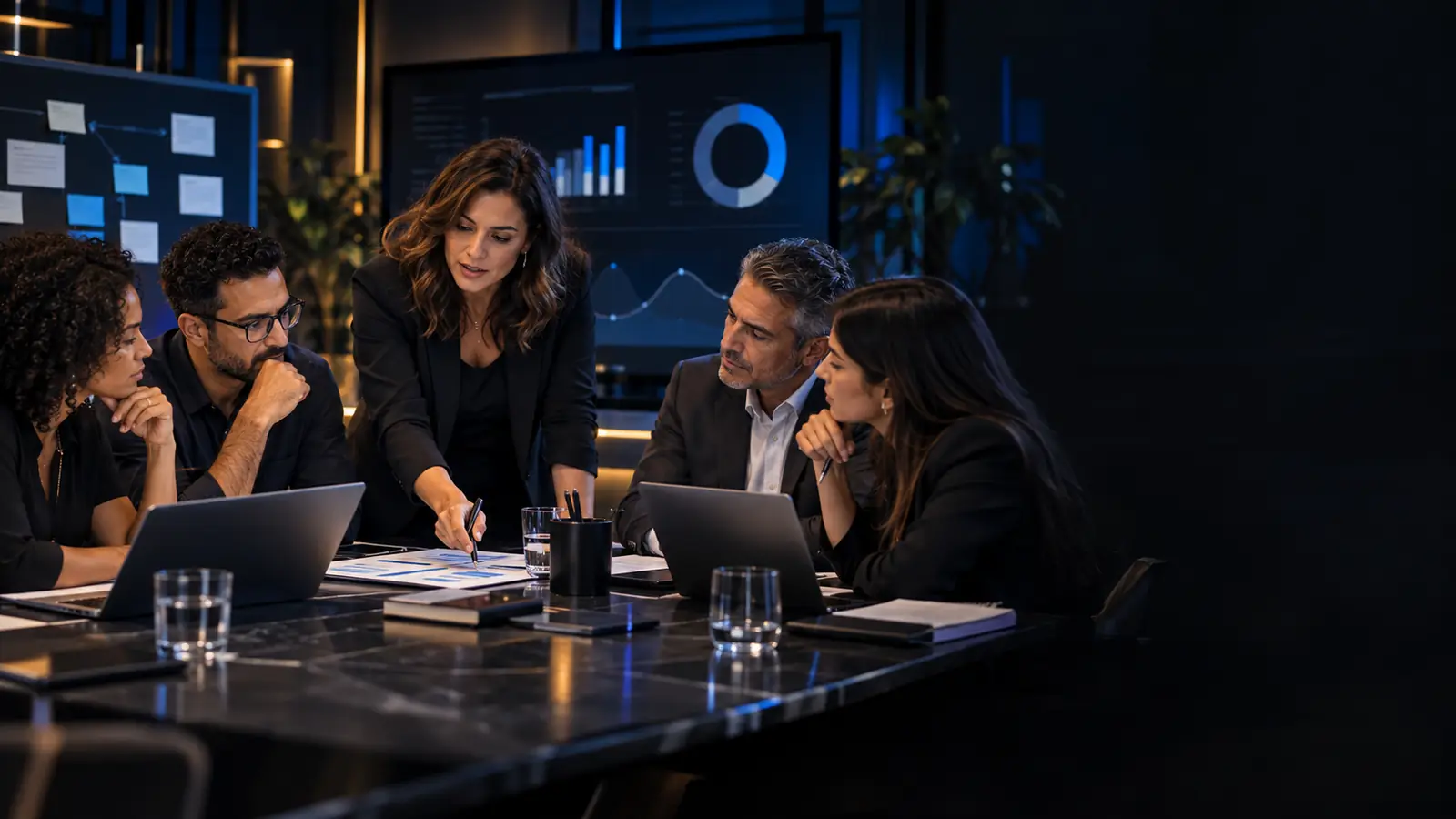 Diretora de marketing conduzindo uma reunião de resultados